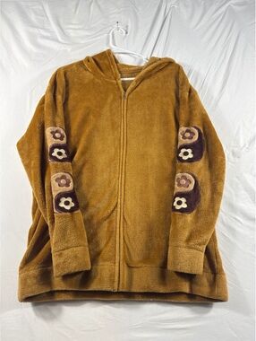 Mighty Fine Brown Fleece Hoodie with Floral Yin Yang Patches, Medium